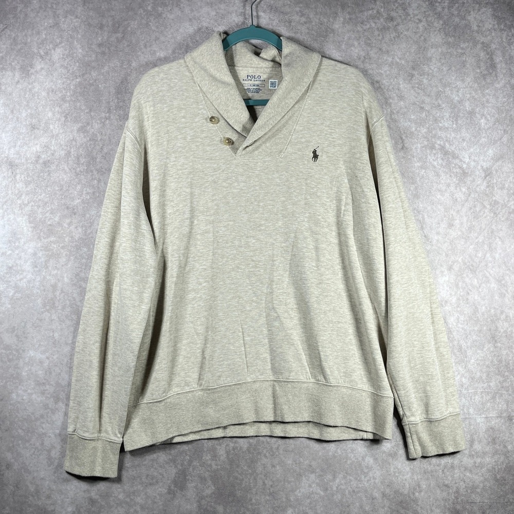 Polo Ralph Lauren Luxury Jersey Shawl Pullover Sweater Mens L Beige Knit Preppy